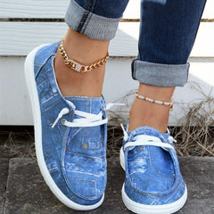 Women's Sea Denim Print Boat Shoes Lace Up Slip on Canvas Shoes
