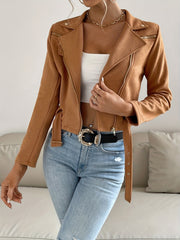 Solid Zip Up Biker Jacket Casual Lapel Long Sleeve Crop Jacket