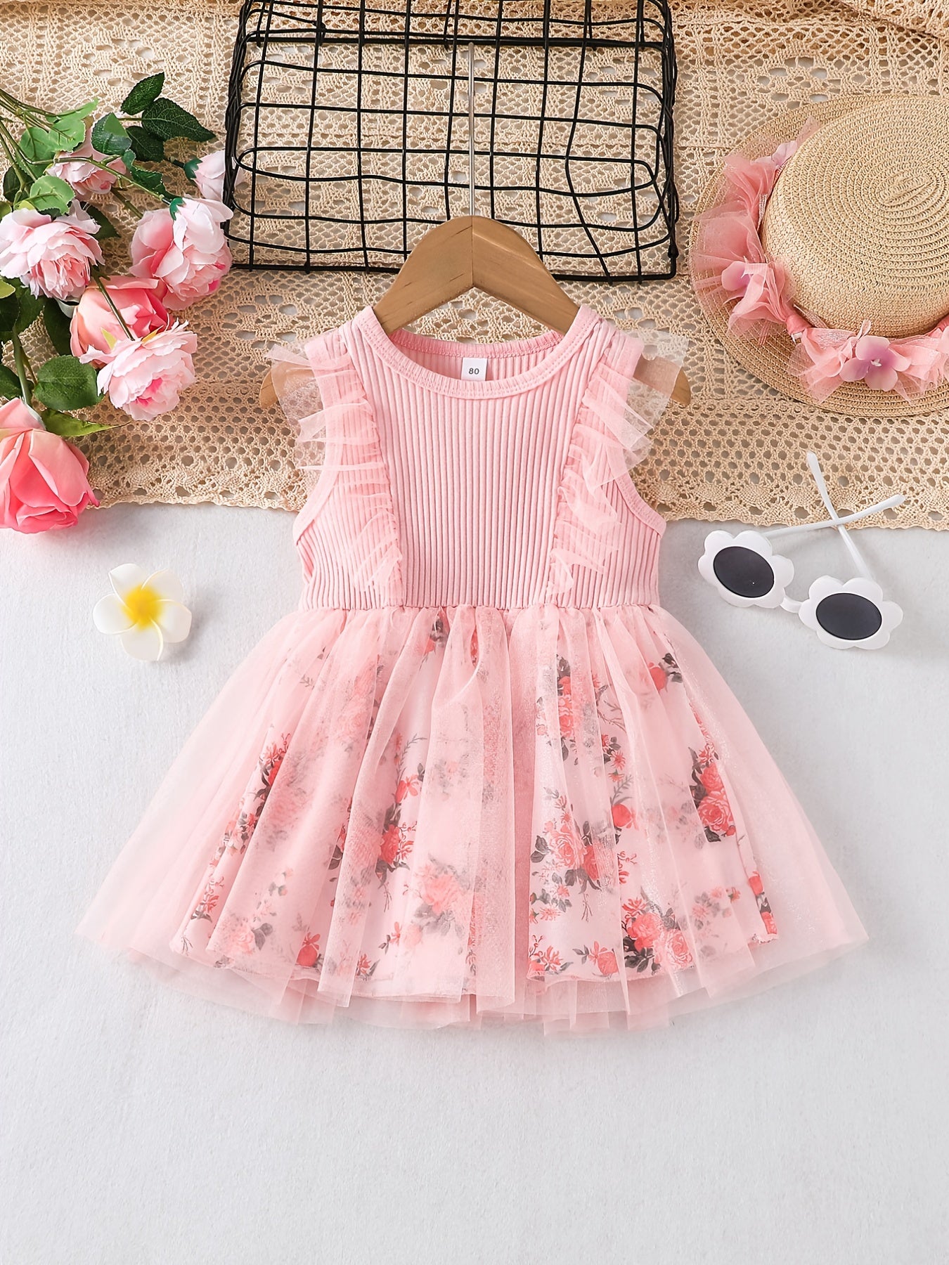 Girls Floral Sleeveless Mesh Dress