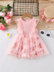 Girls Floral Sleeveless Mesh Dress