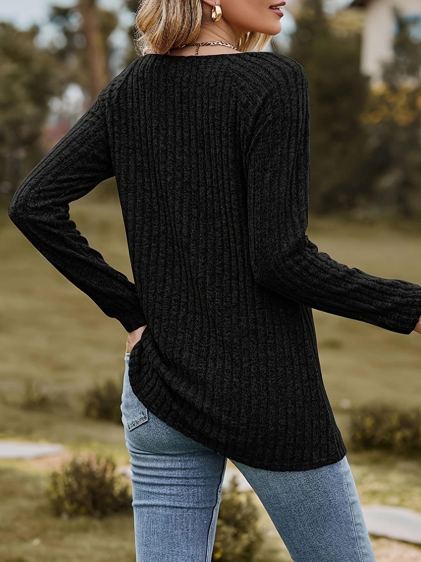 Casual Ribbed Long Sleeve Square Neck Jumper