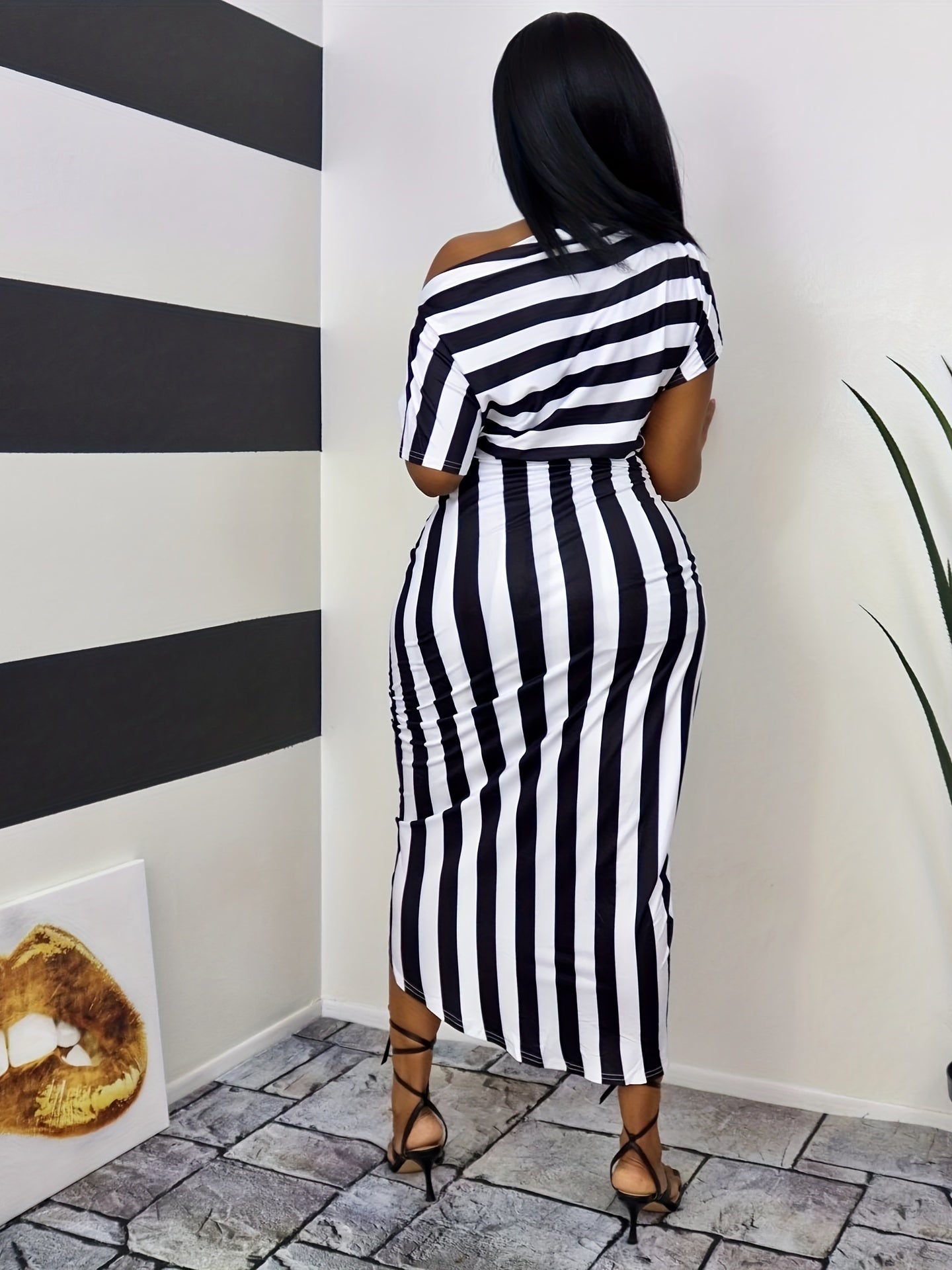 Sexy Striped One Shoulder Split Dress