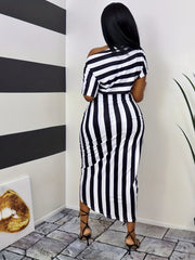 Sexy Striped One Shoulder Split Dress