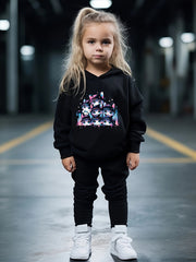 Disco Kitty Print Girls Hoodies Jogger Pants Set for Sports Spring Fall
