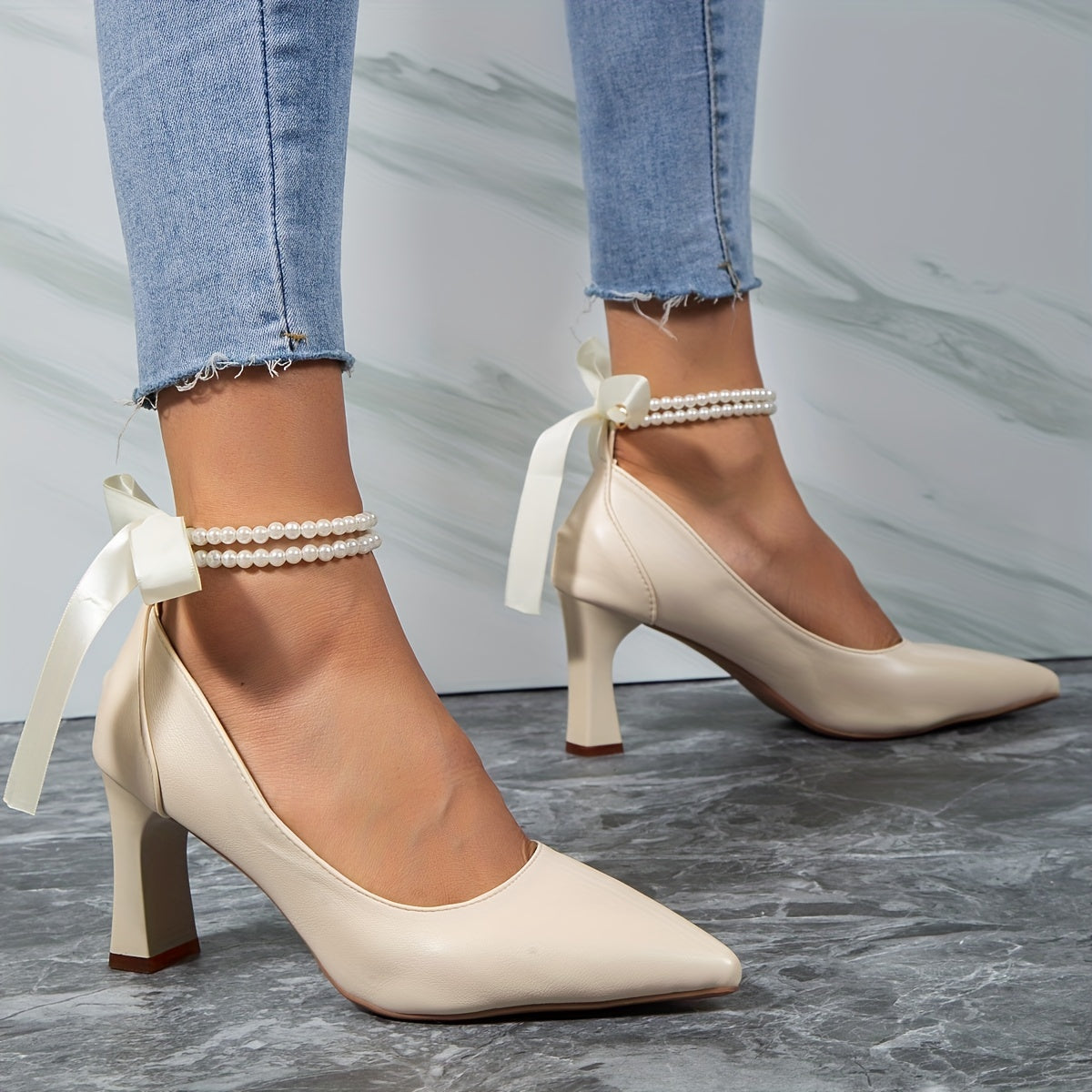 Pearl Chain Block Heel Dress Pumps with Bowknot