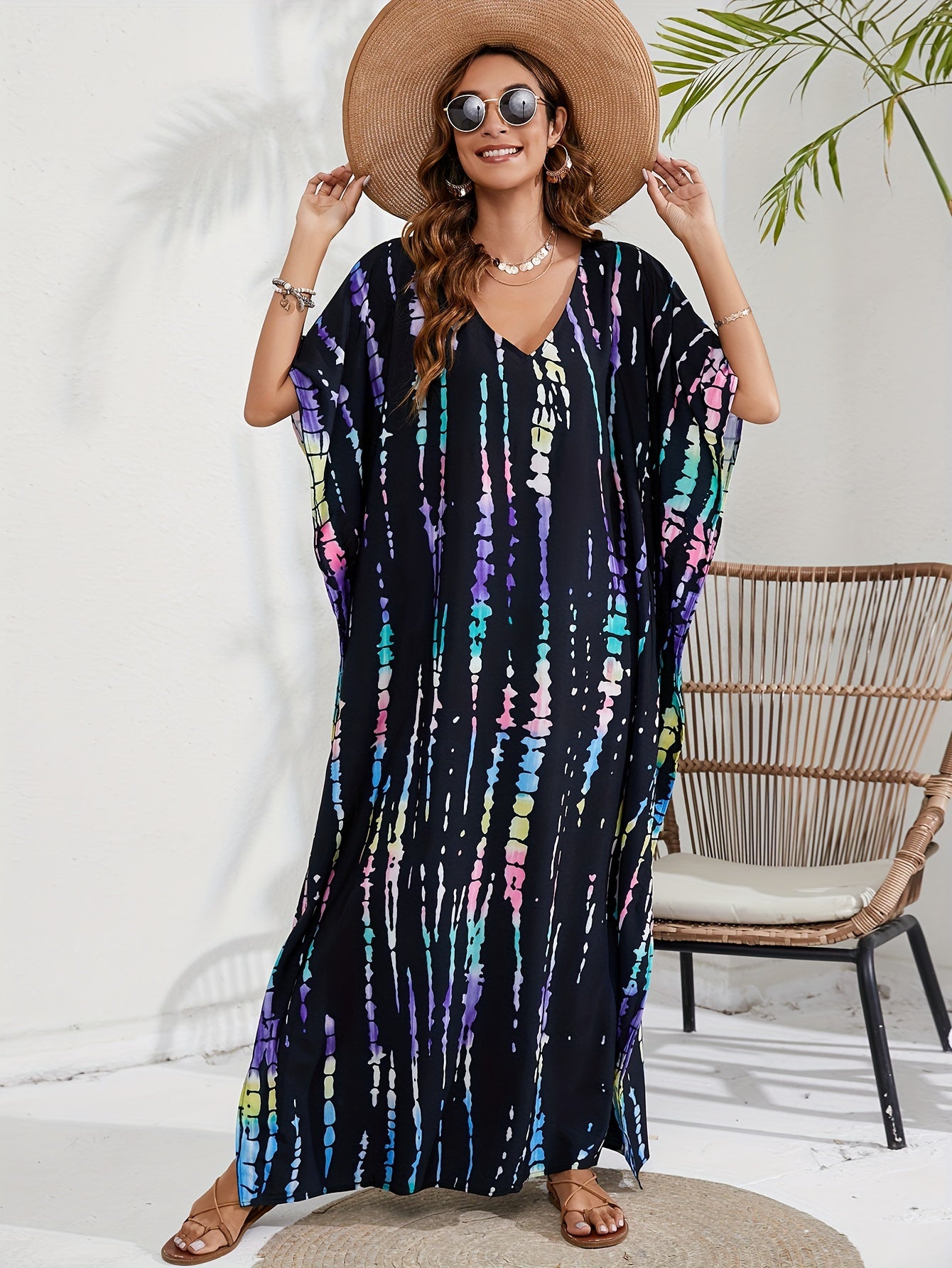 Boho Cover Up Tie Dye Striped Batwing Sleeve Maxi Split Dress