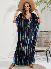 Boho Cover Up Tie Dye Striped Batwing Sleeve Maxi Split Dress