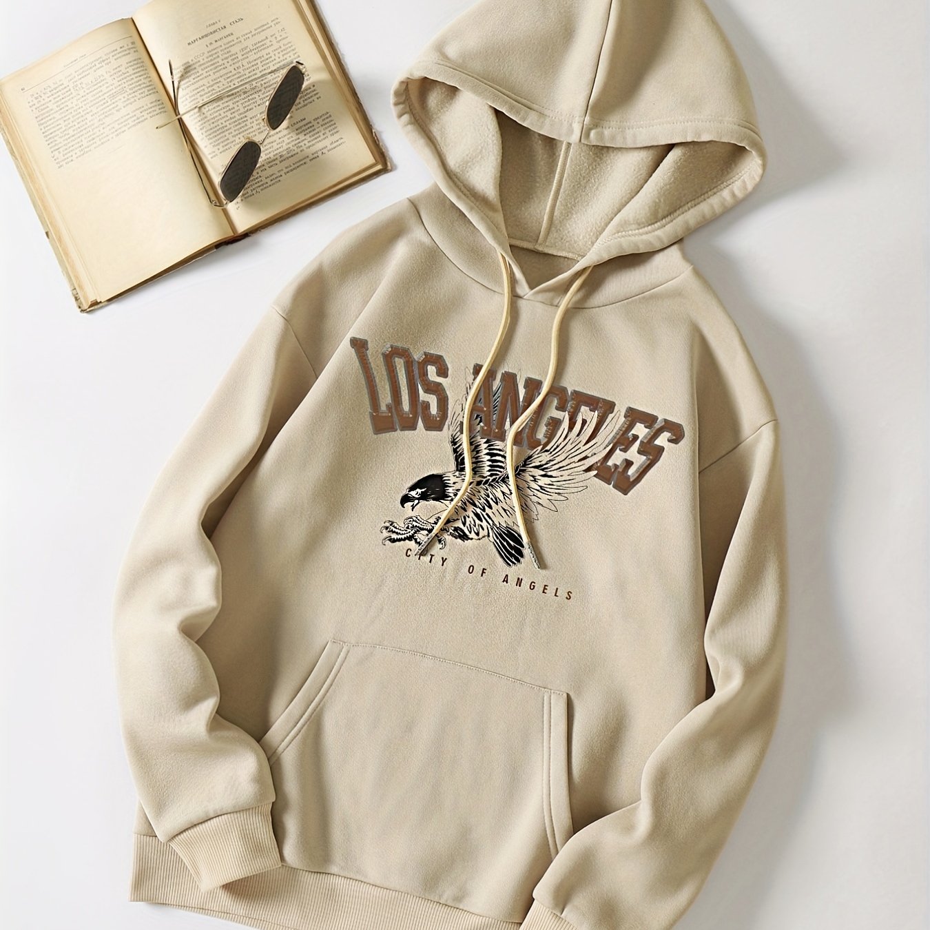 Letter & Eagle Print Drawstring Sweater Kangaroo Pocket Hoodie
