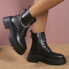 Women's Platform Combat Boots Chain Lace-Up Chunky Ankle Boots Zip Short Boots
