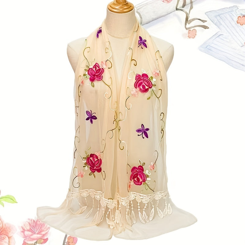 Flower Butterfly Embroidery Scarf Double Layer Lace Tassel Gauze Shawl