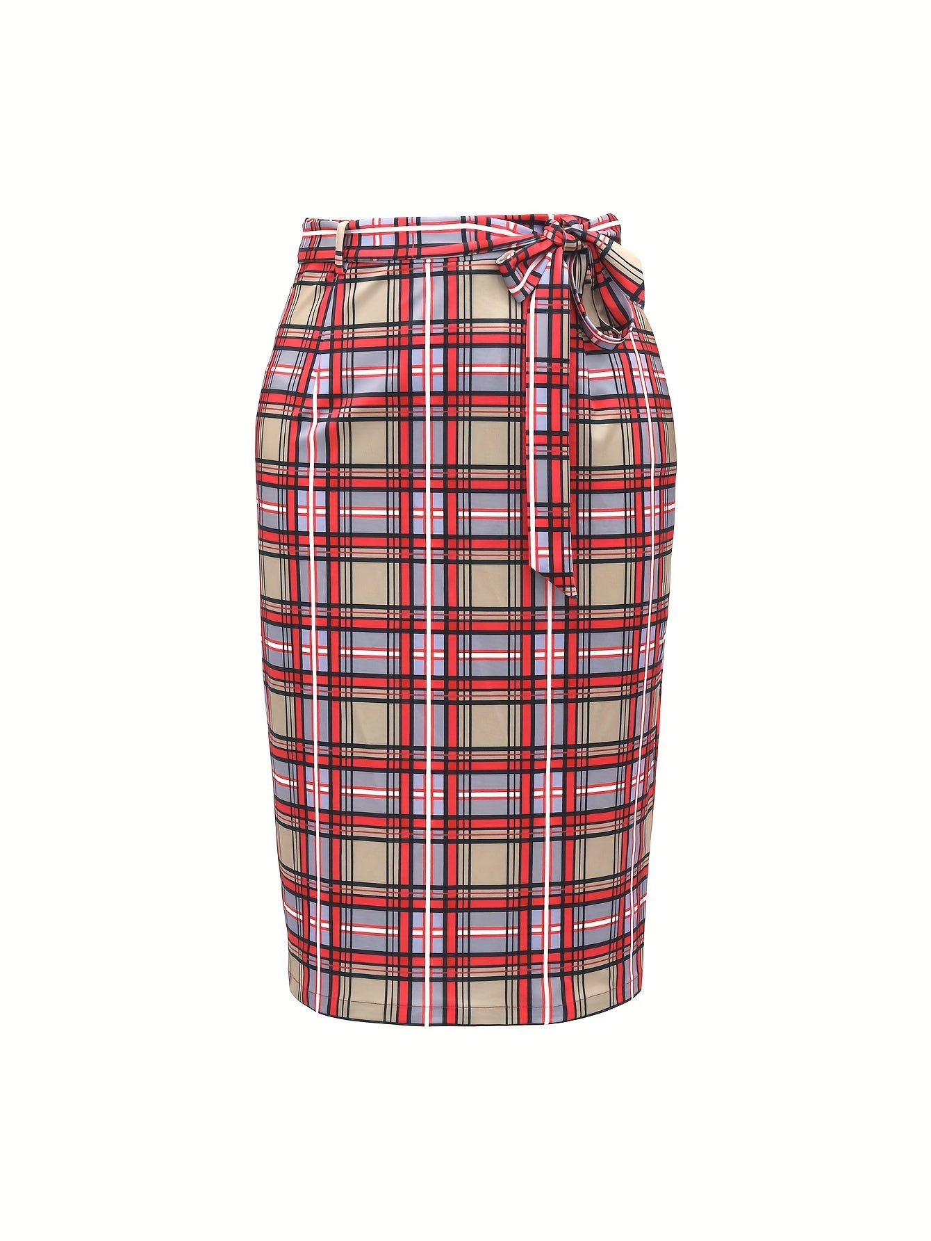 Women's Plus Plaid Print Stretch Slim Fit Midi Skirt With Belt