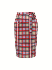 Women's Plus Plaid Print Stretch Slim Fit Midi Skirt With Belt