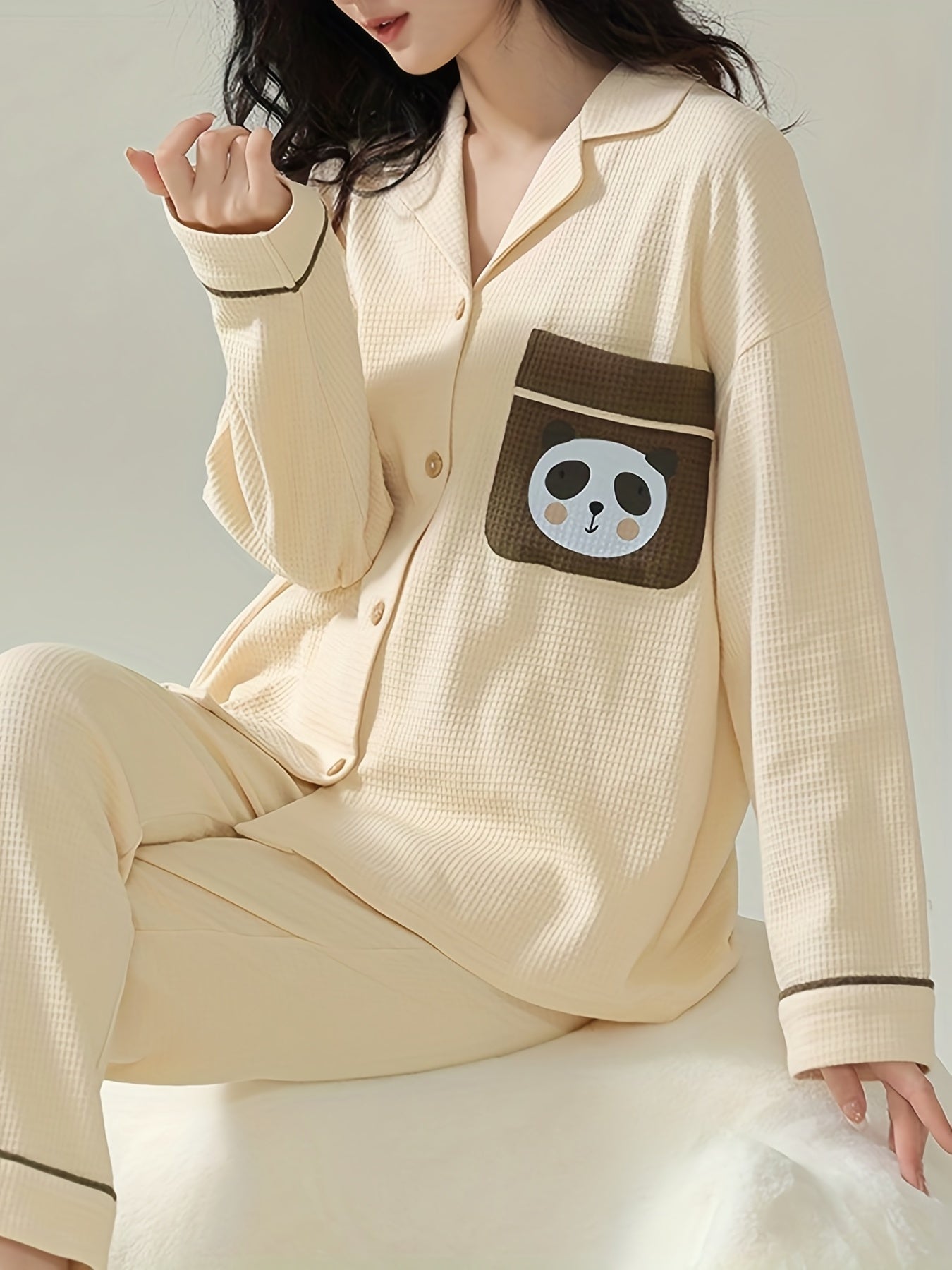 Cartoon Panda Pajama Set Long Sleeve Top & Pants