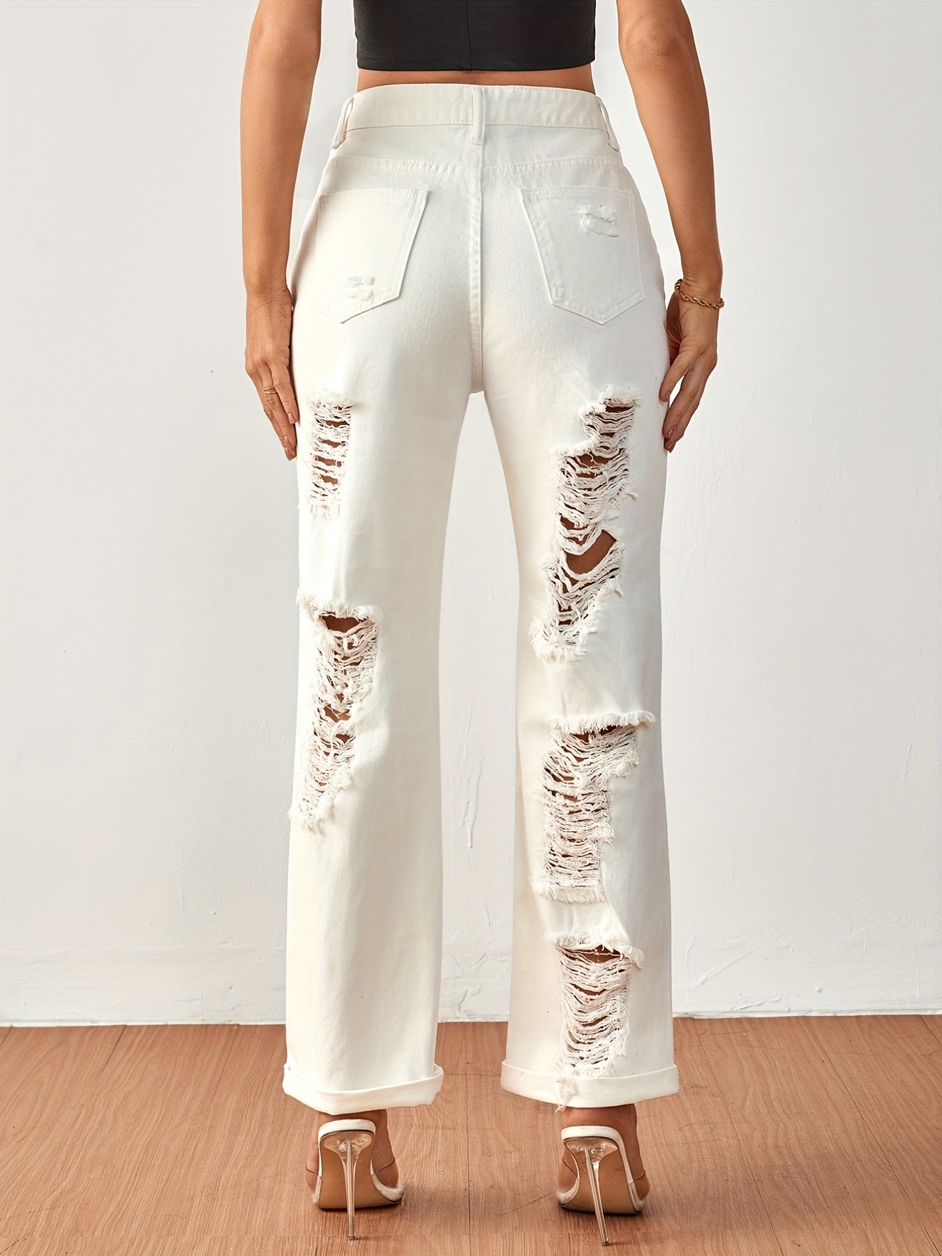 Loose Fit Distressed Non Stretch Denim Pants