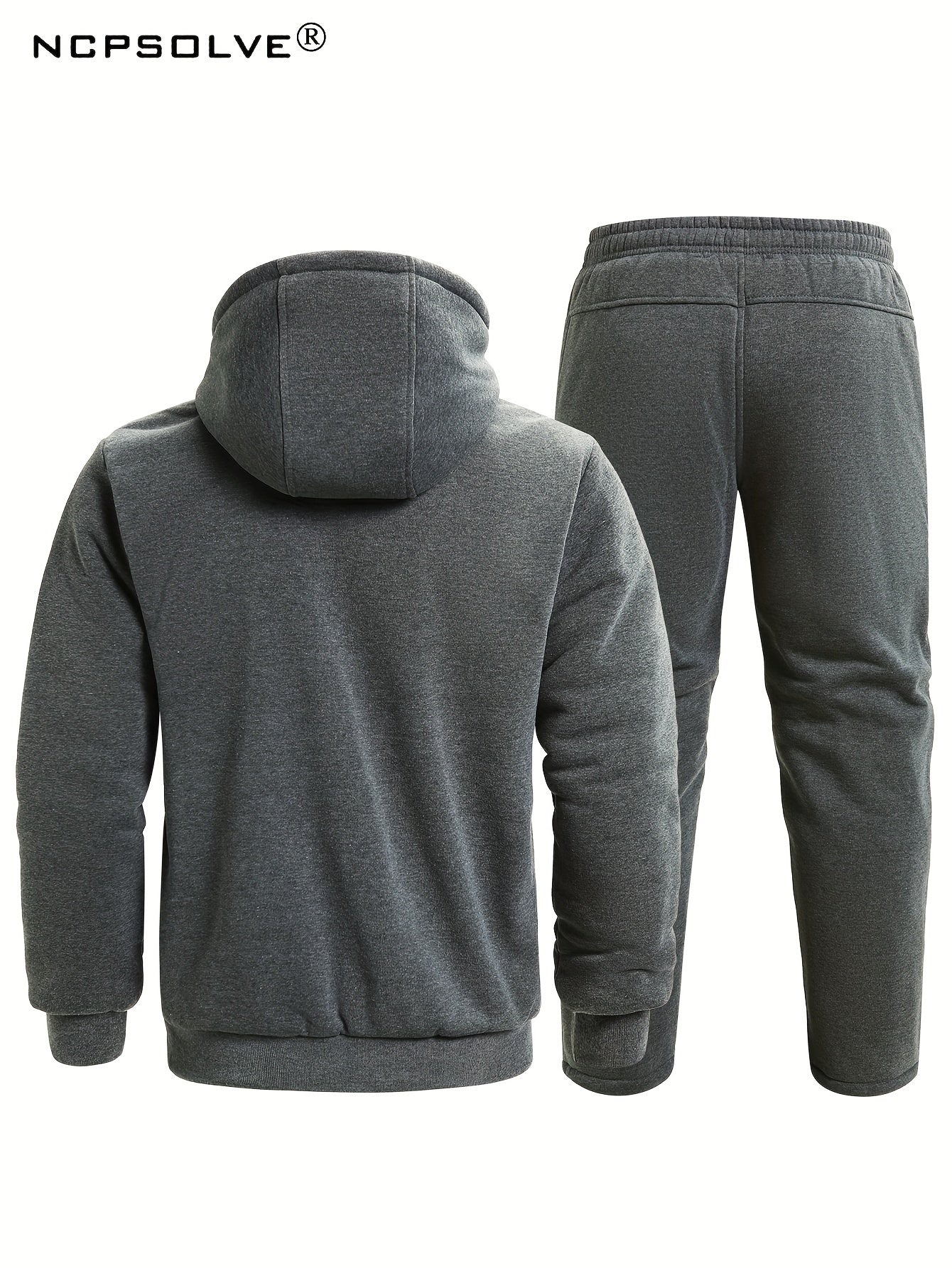 Men's 2 Pcs Zip Warm Hooded Jacket & Thermal Pants for Winter