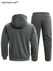 Men's 2 Pcs Zip Warm Hooded Jacket & Thermal Pants for Winter