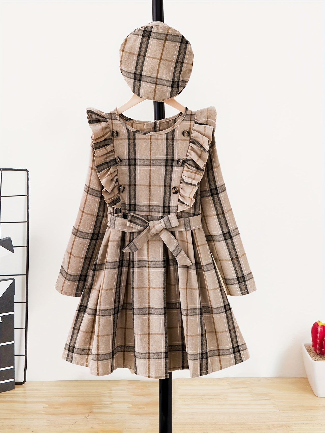 Girls Plaid Ruffle Trim A Line Dress