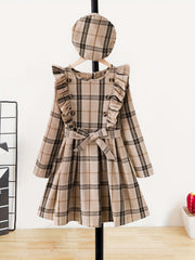 Girls Plaid Ruffle Trim A Line Dress