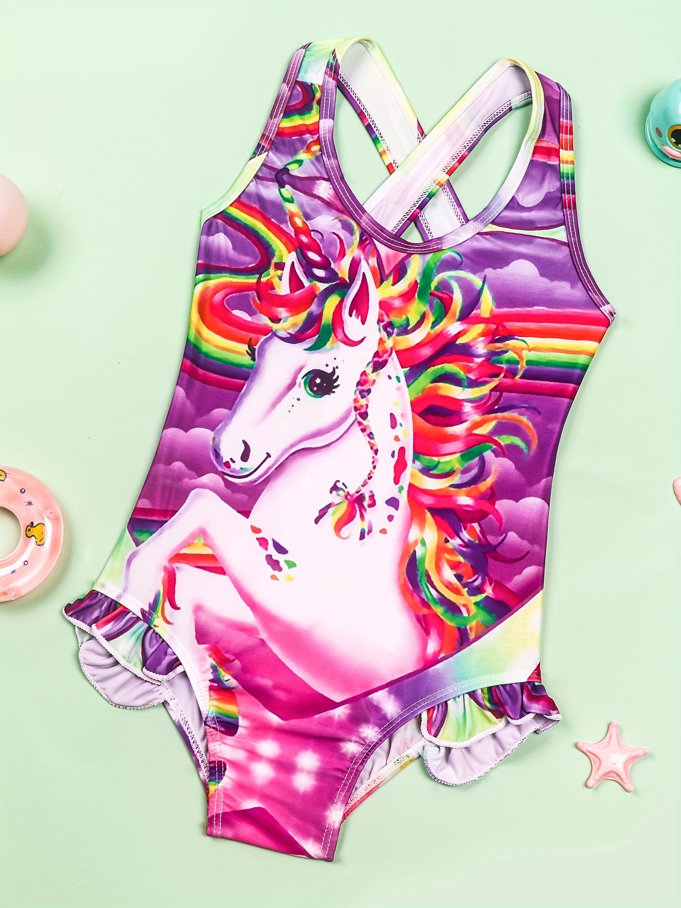 Toddler Girls Rainbow Unicorn One Piece Swimsuit Ruffle Trim