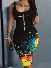 Casual Summer Dress Women's Plus Letter & Splash Print Scoop Neck