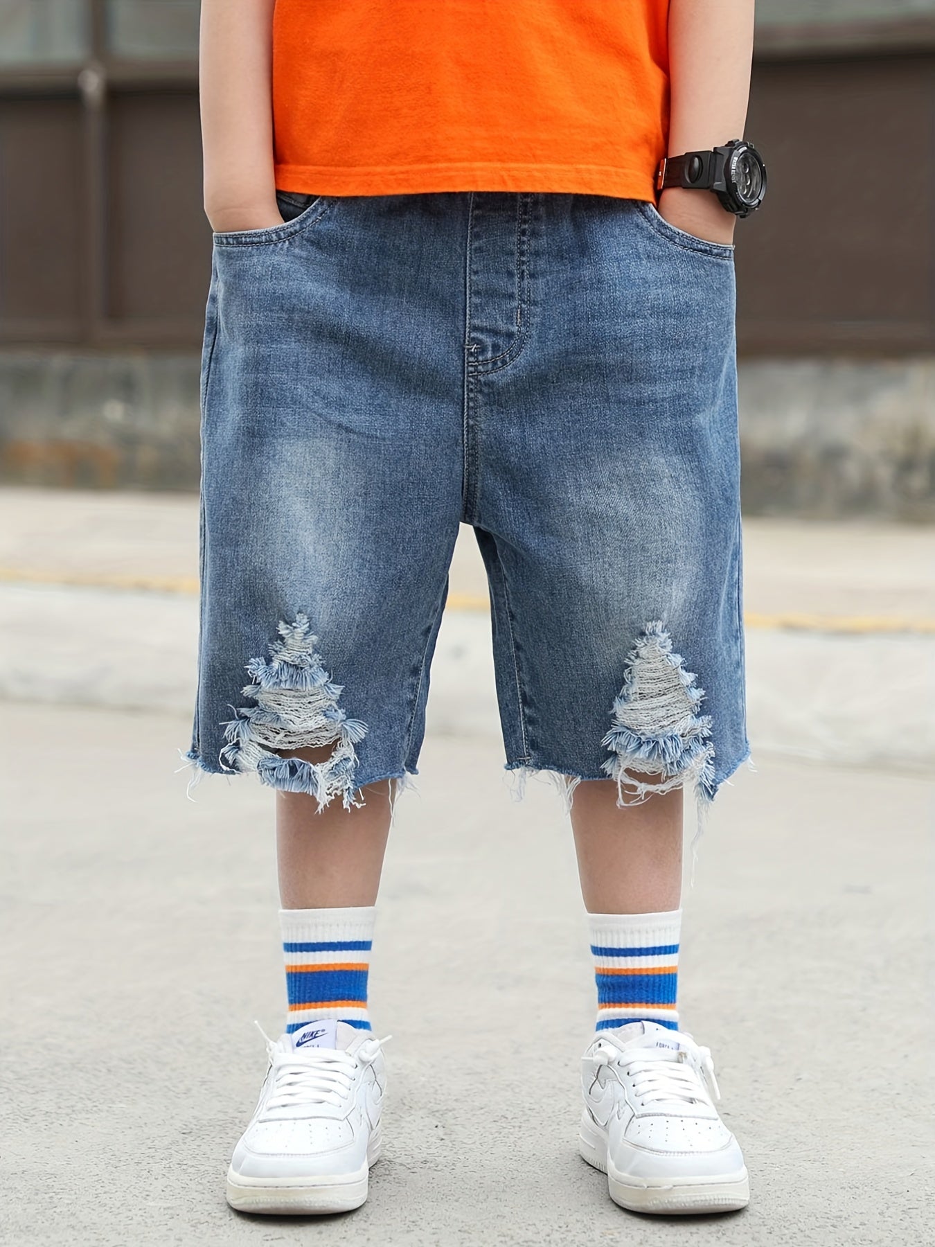 Boys' Ripped Denim Shorts Elastic Waist Cotton Shorts