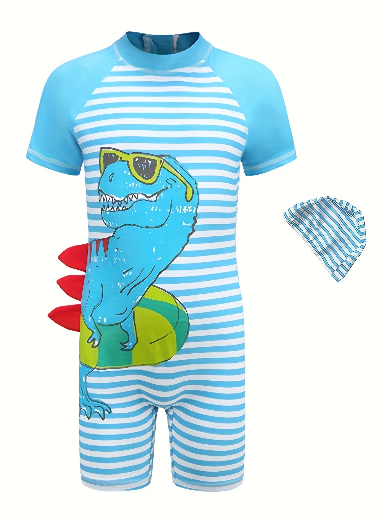 Boys Dino Stripe Swimsuit & Cap for Beach Summer Vacay