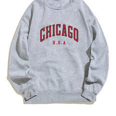 Chicago Print Sweatshirt Long Sleeve Crew Neck for Women