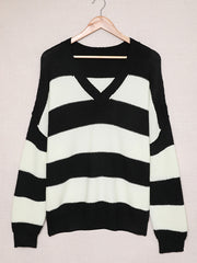 Colorblock V Neck Drop Shoulder Sweater Plus Size