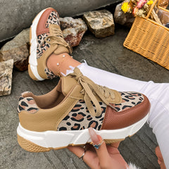 Leopard Print Colorblock Sneakers Lace Up Round Toe Low Top Shoes