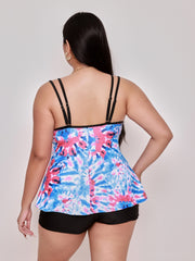 Tankini Set Tie Dye Crew Neck & Solid Shorts Two Piece
