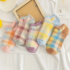 5 Pairs Colorblock Plaid Socks - Soft & Lightweight Low Cut Ankle Socks