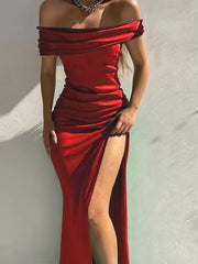 Off Shoulder Slit Maxi Dress Formal Evening Party Solid Sleeveless Dress