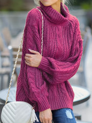 Casual Sweater Women's Plus Solid Cable Lantern Sleeve High Neck Jumpe