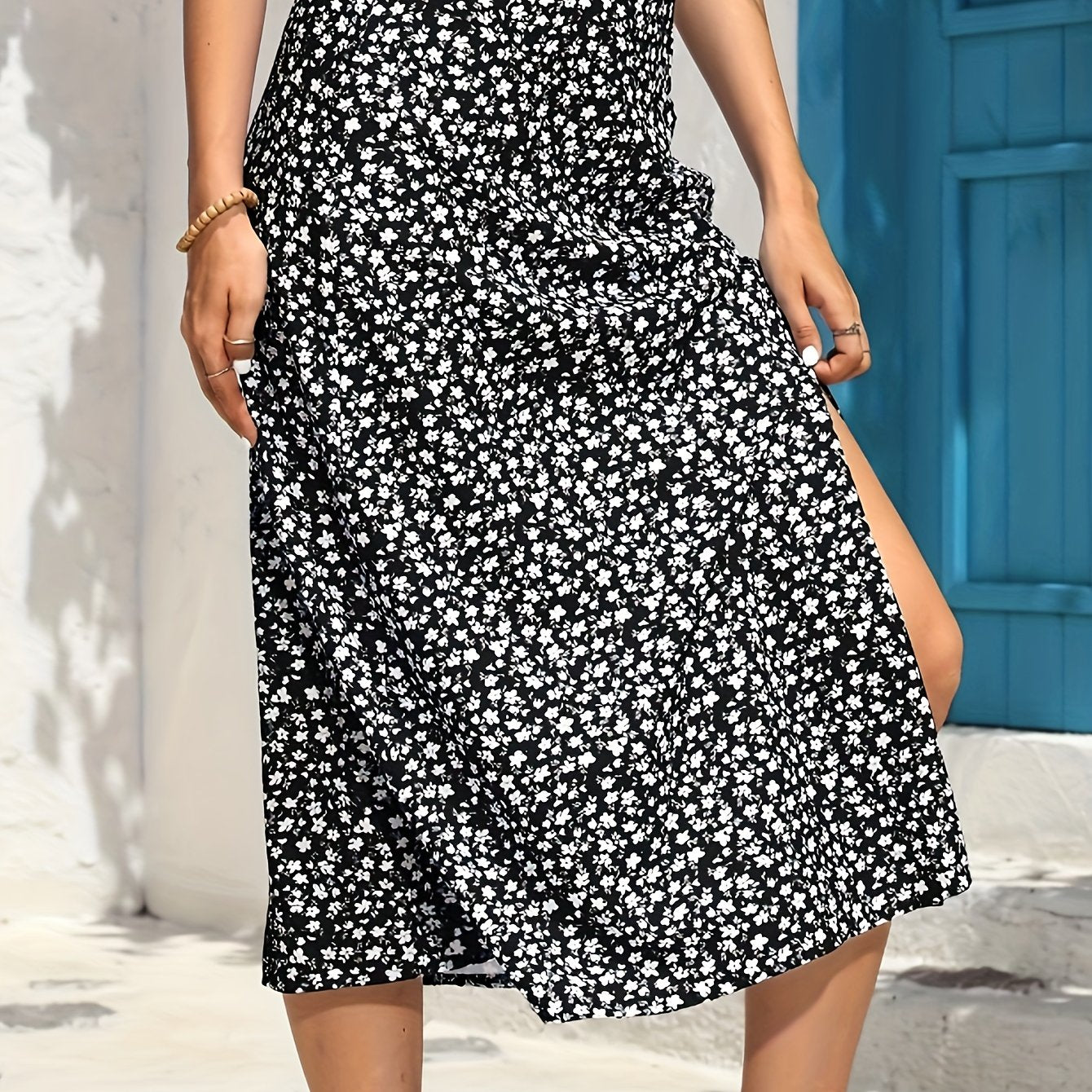 Floral Print Midi Skirt with Side Slit for Summer & Spring
