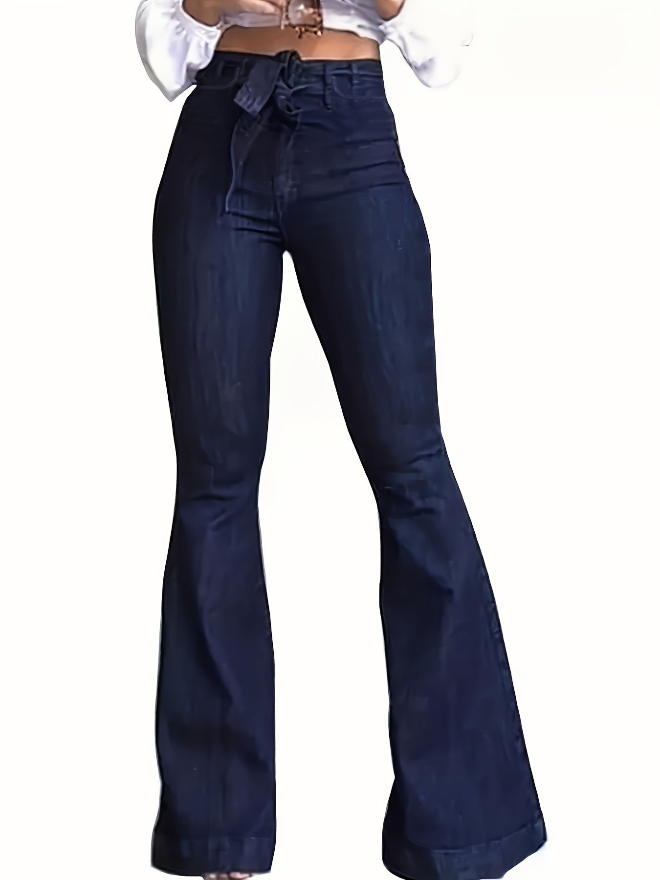 High Stretch Navy Flared Jeans With Waistband Bell Bottom Wide Legs Denim Pants