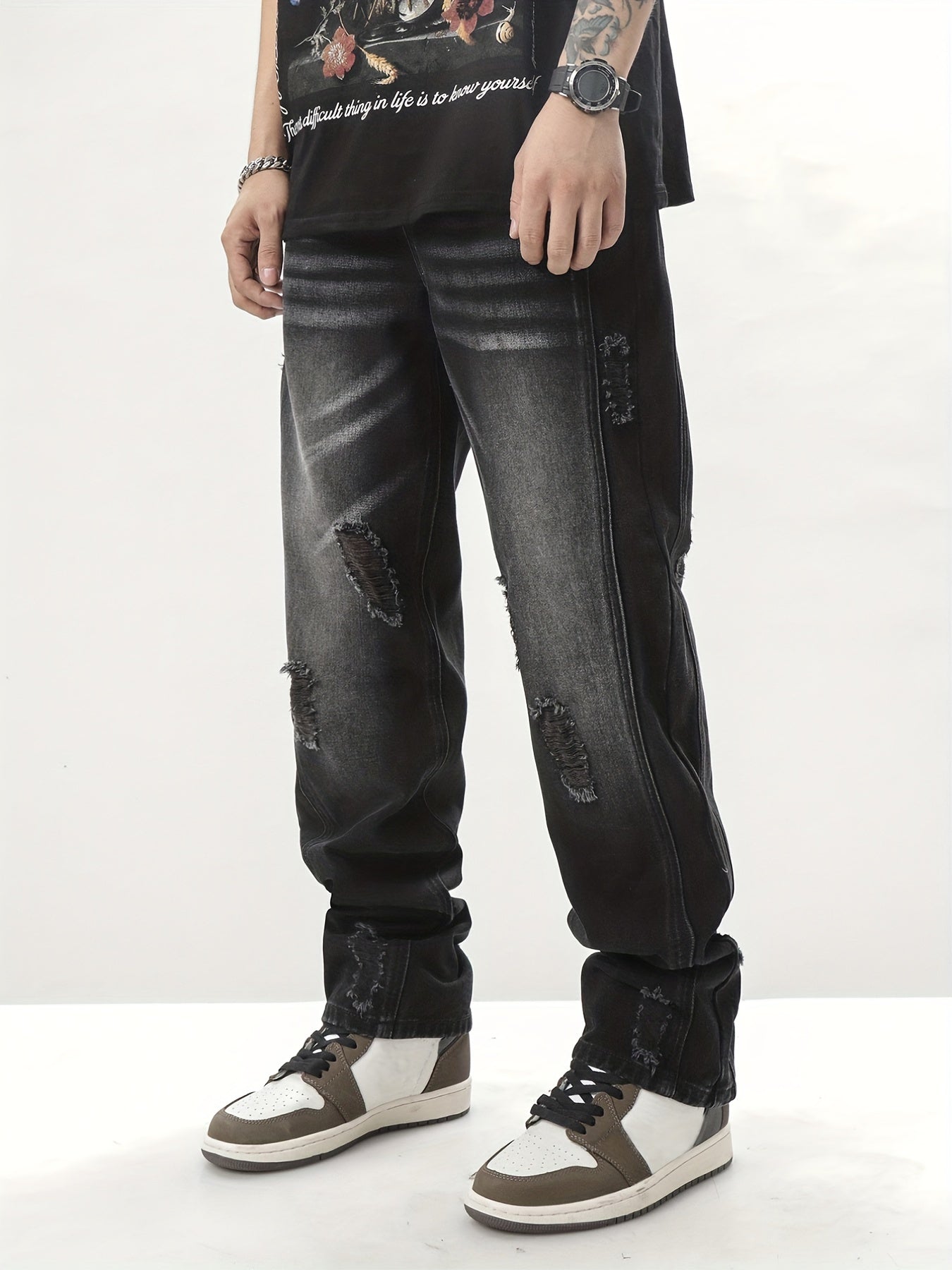 Vintage Ripped Jeans Men's Casual Street Style Distressed Denim Pants