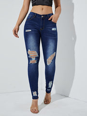 Stretchy High Waist Skinny Jeans with Distressed Slash Pockets