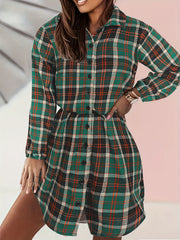 Plaid Print Shirt Dress Vintage Button Front Long Sleeve Dress Women's Clothing