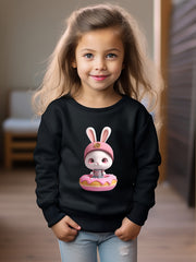 Bunny And Donut Print Girls Sweatshirt Crew Neck Tops