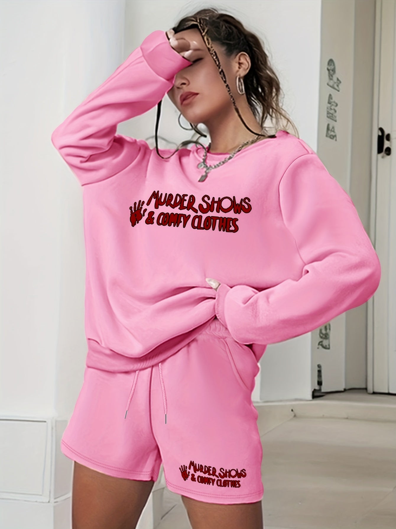2PC Set Women's Plus Letter Print Sweatshirt & Shorts