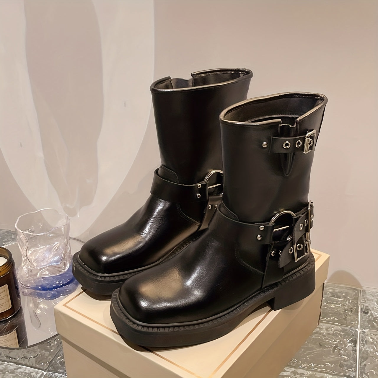 Chunky Heel Motorcycle Booties Slip On Buckle Strap Boots Women's Short Boots