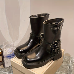 Chunky Heel Motorcycle Booties Slip On Buckle Strap Boots Women's Short Boots