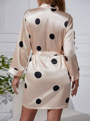 Polka Dot Night Robe Long Sleeve V Neck Sleepwear