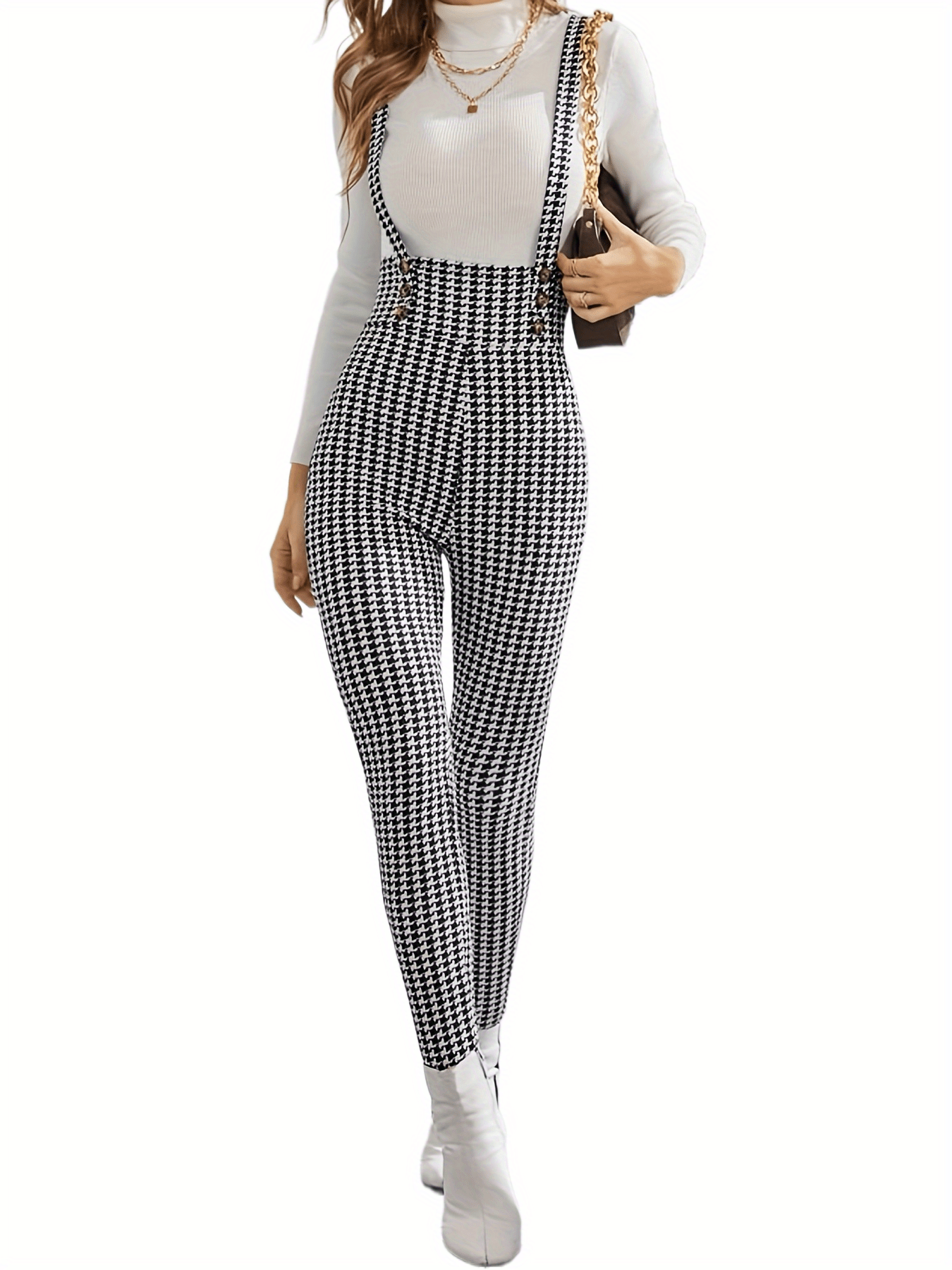 Houndstooth Print Overall Jumpsuit Casual Slim Button Overall Jumpsuit