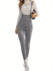 Houndstooth Print Overall Jumpsuit Casual Slim Button Overall Jumpsuit