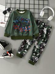 Boy's Camo 2pcs Sweatshirt & Sweatpants Set OFF ROAD Print Top