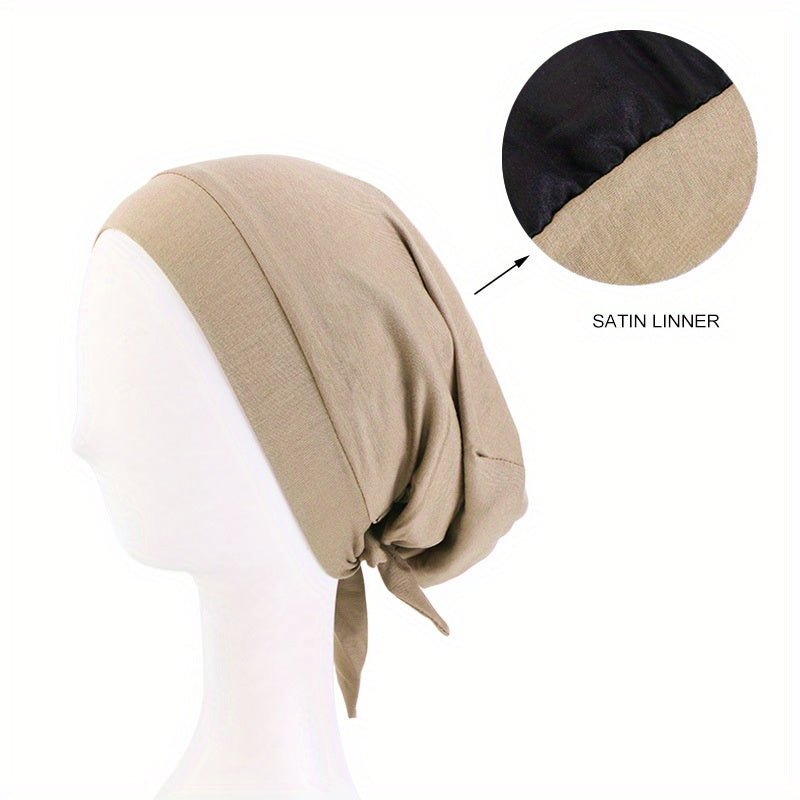 Satin Lined Hijab Cap Pre Tied Turban Women Elastic Cotton Head Wrap