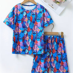 Boys Feather Print T shirt & Shorts 2pcs Loungewear Pajamas