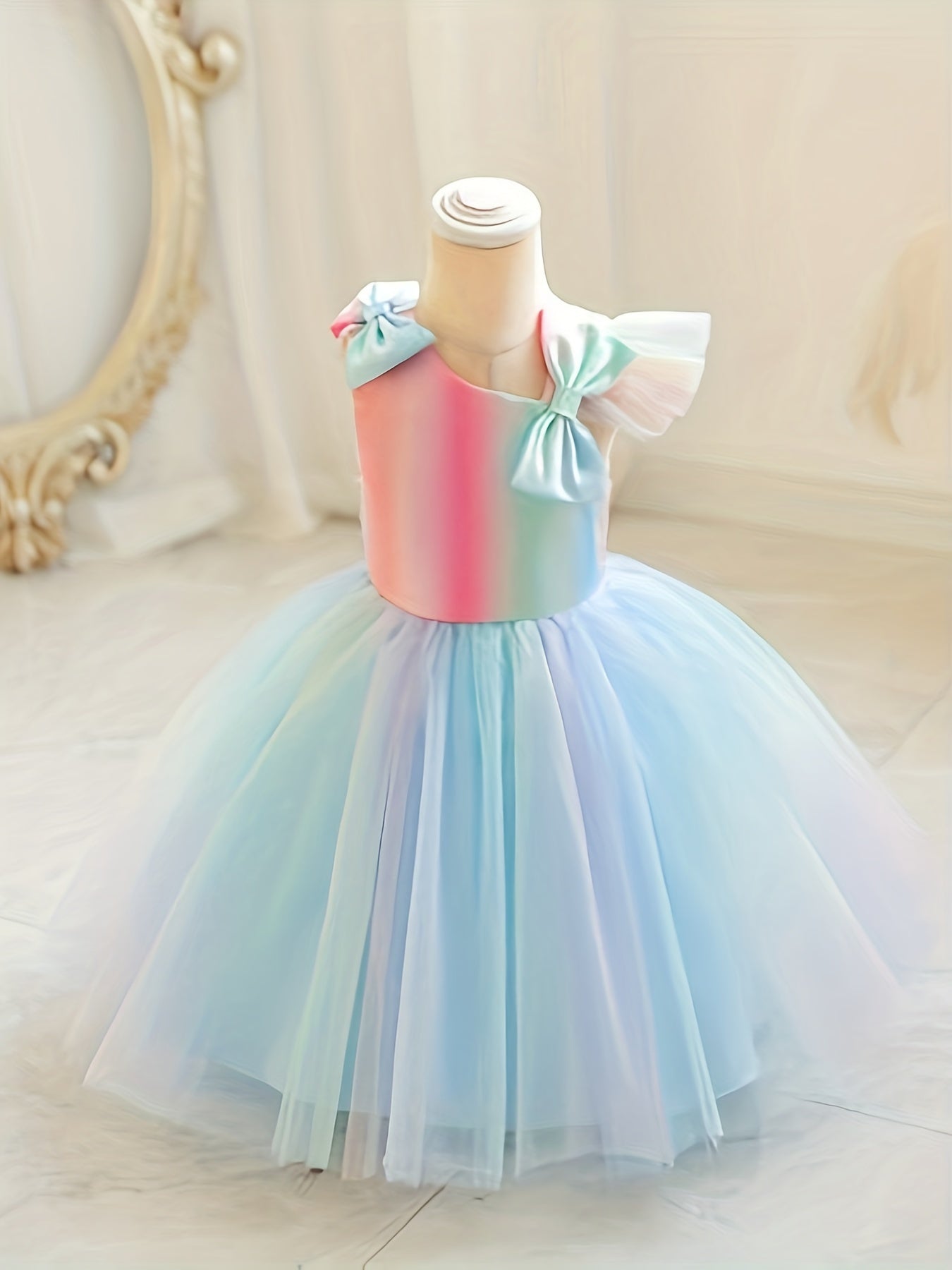 Girls Sleeveless Princess Dress with Bow Mesh Panelled Bodysuit