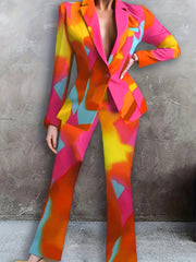 Tie Dye Blazer & Flared Leg Pants Suit Plus Size
